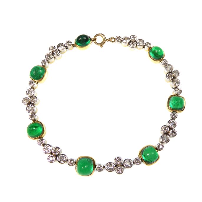 Cabochon emerald and diamond collet bracelet possibly by Marcus &amp; Co. | MasterArt